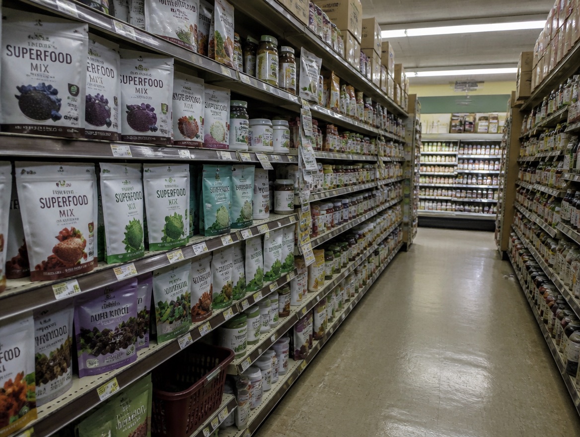 A supermarket natural-foods aisle photographed from waist height, with shelves of pouches labelled SUPERFOOD MIX lining the left wall and a red shopping basket on a lower shelf, no people in frame.