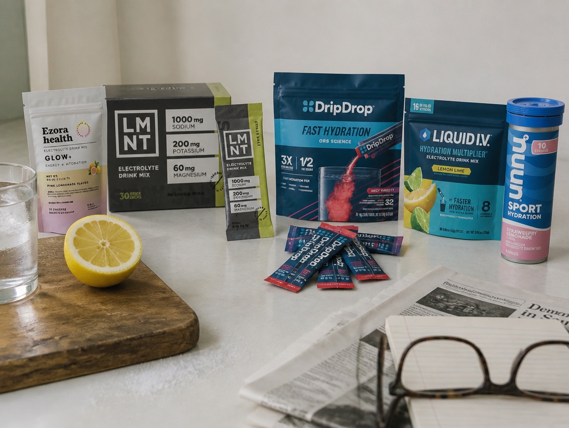 Five real electrolyte stick-pack products — Ezora Health Glow+, LMNT Recharge, DripDrop ORS, Liquid I.V. and Nuun Sport — arranged together on a cool newsprint-white kitchen counter in flat daylight, beside a plain glass of water and a half lemon on a worn wooden cutting board, a folded newspaper and a notepad with reading glasses at the frame edge.