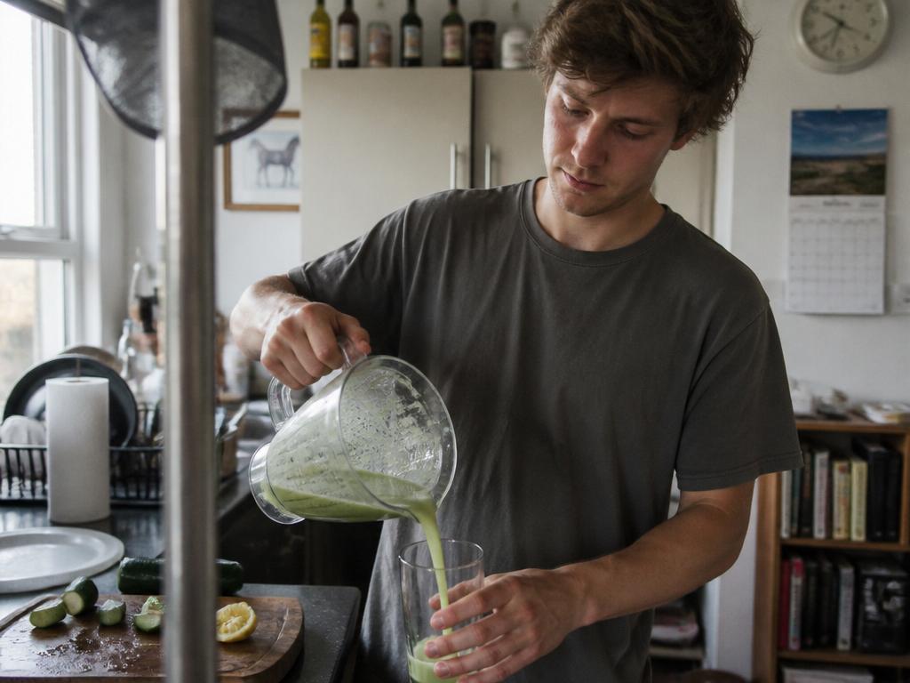 A man pouring a pale green juice from a blender into a glass in a small kitchen