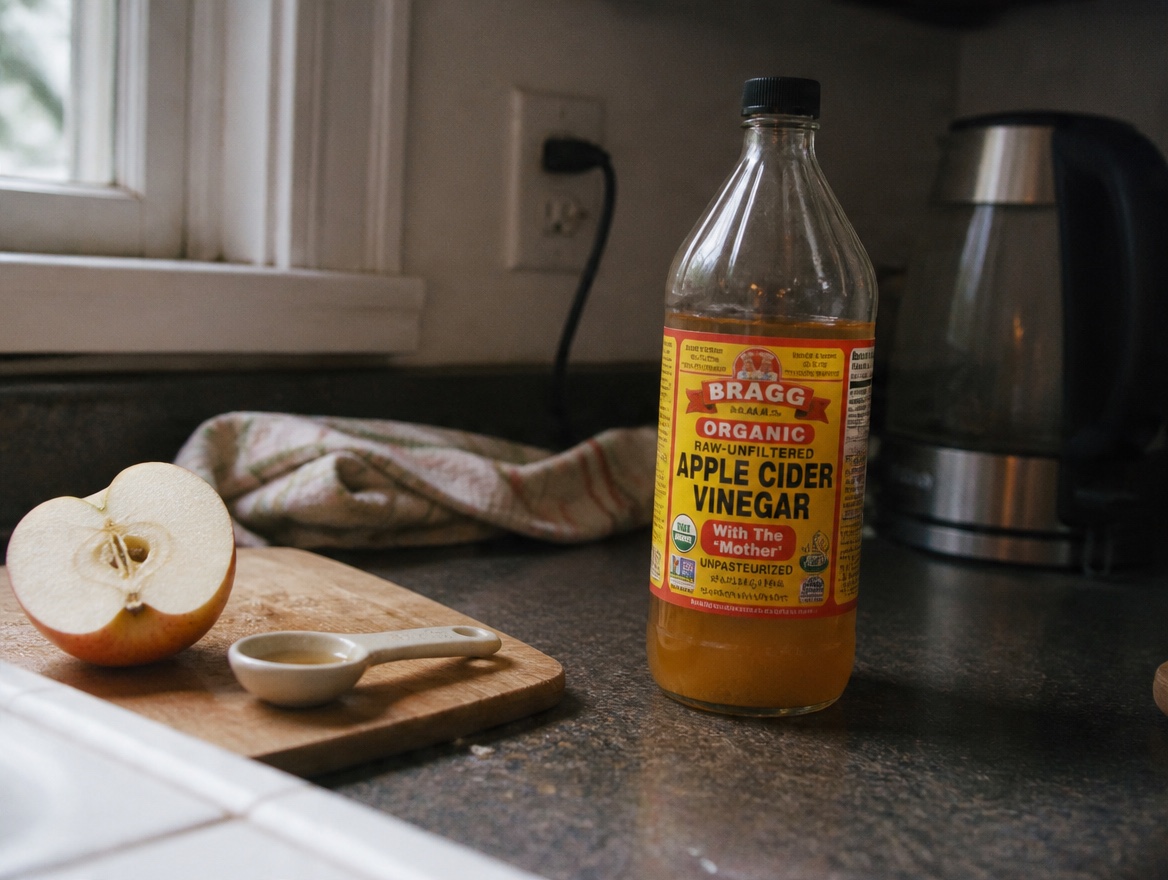 A bottle of apple cider vinegar with an orange-and-yellow label on a dark kitchen counter, beside a wooden cutting board with a halved apple and a small ceramic measuring spoon; a kettle and window are visible in the background.
