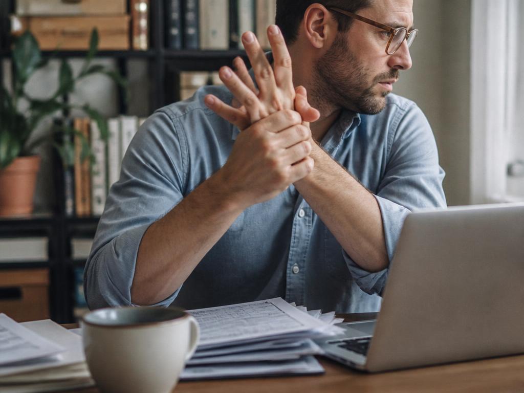 Close view of a man cracking the knuckles of one hand at a work desk