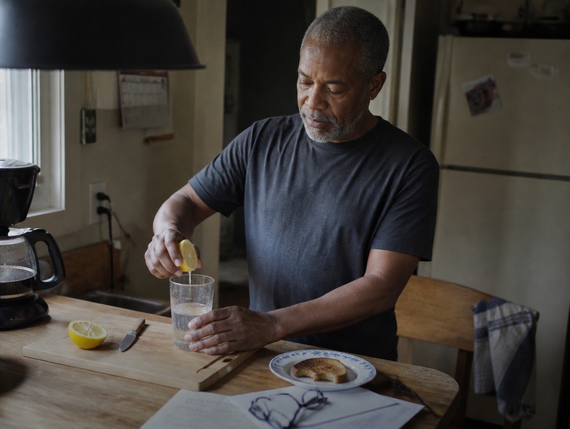 A Black man in his late fifties with close-cropped grey hair and a short grey beard, wearing a charcoal t-shirt, stands at his kitchen counter in the morning squeezing a half lemon over a clear glass of water on a wooden cutting board, a coffee maker, a plate of toast and reading glasses on a notepad nearby.
