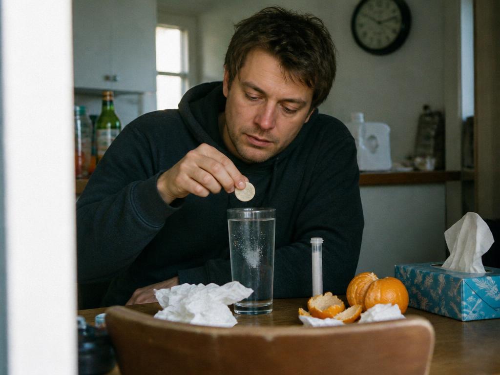 A man dropping an effervescent vitamin C tablet into a glass of water beside tissues