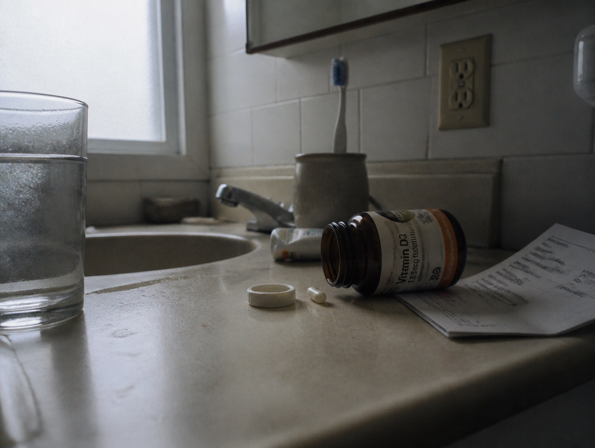 An amber Vitamin D3 supplement bottle tipped on its side on a worn bathroom counter, white cap and a single softgel capsule spilled beside it, a clear glass of water at left and a folded prescription printout at right, with a toothbrush, toothpaste tube and power outlet visible behind the sink in cool morning window light.