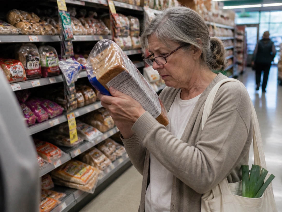 A grey-haired woman in her late fifties holds a packaged loaf of sliced bread close to her face, reading the back label through her glasses, standing in a real supermarket bread aisle with a canvas tote bag holding a leek over her shoulder.