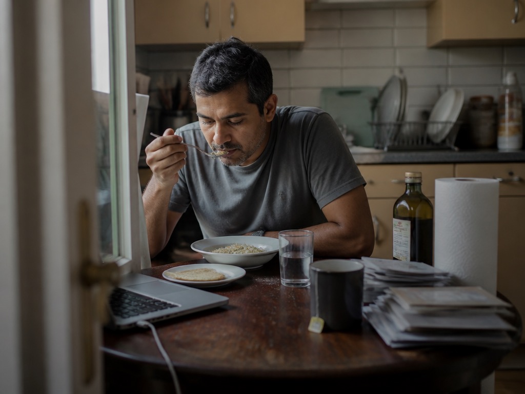 A South Asian man in his early forties with short black hair, trimmed stubble and a grey t-shirt sits at a small dark-wood kitchen table eating a plain weekday lunch from a white bowl, spoon halfway to his mouth, looking down at the food. A small plate with a piece of bread, a half-full glass of water, a dark mug with a tea-bag string, a bottle of olive oil, a roll of paper towels and a stack of unopened mail sit on the table; an open laptop with a charging cable trails off the left edge. Behind him a real lived-in kitchen with a white-tiled backsplash, yellow cabinets and a dish drying rack. Flat overcast daylight comes through a window to his left, softly lighting one side of his face while the rest of the kitchen falls into gentle shadow.